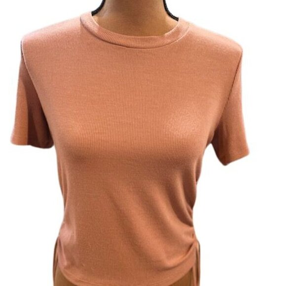 Zara Ribbed and Side Ruched Short Sleeve T-Shirt in Brown – Size Large - Picture 2 of 5